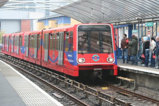 Docklands Light Railway unit 32 at Westferry station