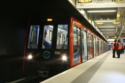 Docklands Light Railway unit 106 at Woolwich Arsenal station