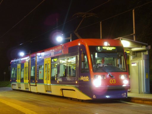 Midland Metro tram 03 at Lodge Road, West Bromwich Town Hall stop