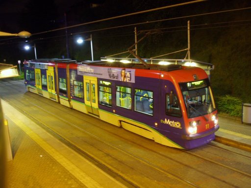 Midland Metro tram 11 at Lodge Road, West Bromwich Town Hall stop