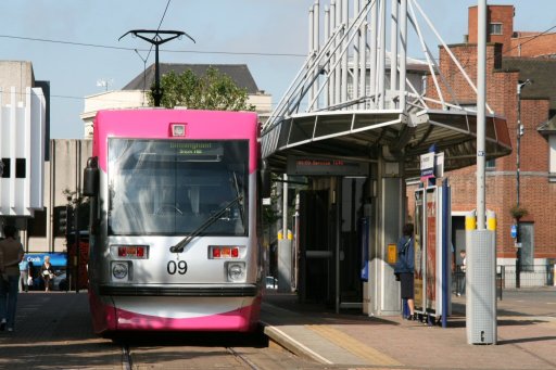 Midland Metro tram Network West Midlands livery at Wolverhampton, St. George's stop