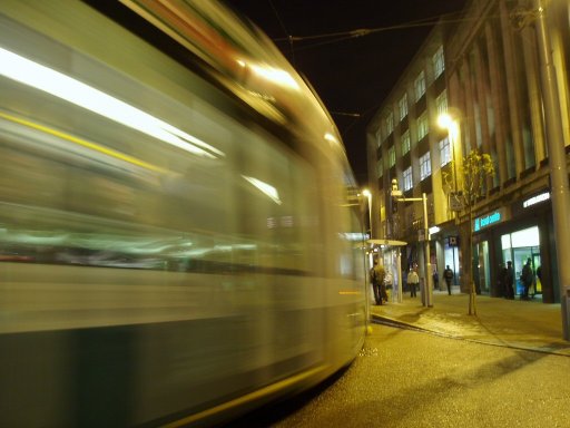 Nottingham Express Transit tram night at Old Market Square