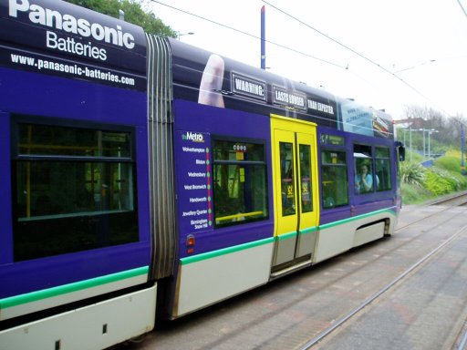 Midland Metro tram 01 at Lodge Road, West Bromwich Town Hall stop
