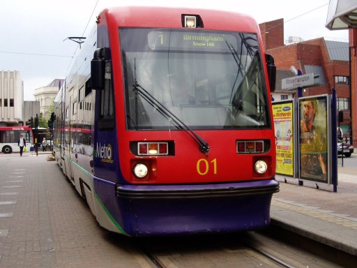 Midland Metro tram 01 at Wolverhampton, St. George's stop