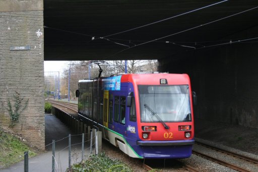 Midland Metro tram 02 at M5 motorway bridge