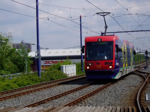 Midland Metro tram 03 at Wednesbury Parkway stop
