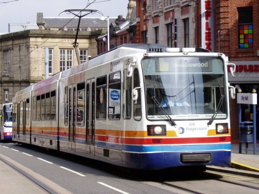 Sheffield Supertram tram 105 at City Hall stop