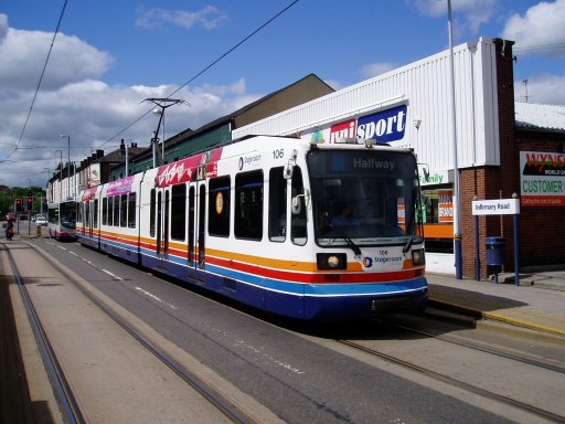 Sheffield Supertram tram 106 at Infirmary Road stop