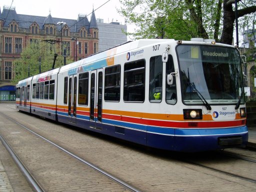 Sheffield Supertram tram 107 at Cathedral stop