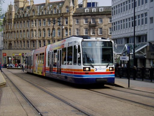 Sheffield Supertram tram 110 at Cathedral stop
