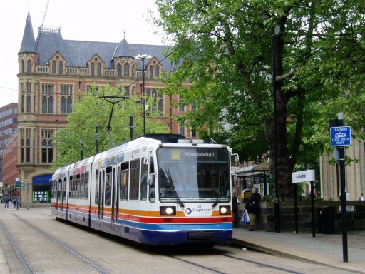 Sheffield Supertram tram 122 at Cathedral stop