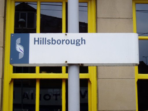 Sheffield Supertram sign at Hillsborough stop