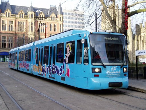 Sheffield Supertram tram 116 at Cathedral stop