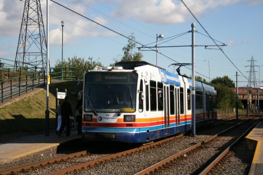 Sheffield Supertram tram 109 at Meadowhall South/Tinsley stop
