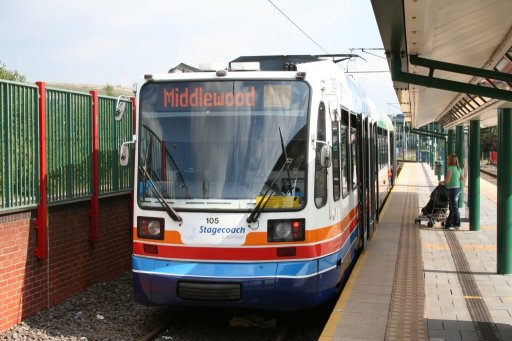 Sheffield Supertram tram 105 at Meadowhall stop