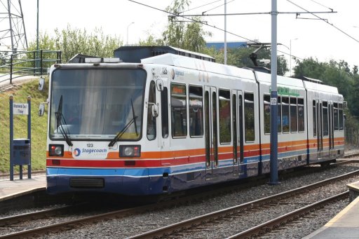 Sheffield Supertram tram 123 at Meadowhall South/Tinsley stop