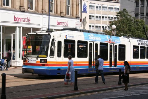 Sheffield Supertram tram 111 at Castle Square stop