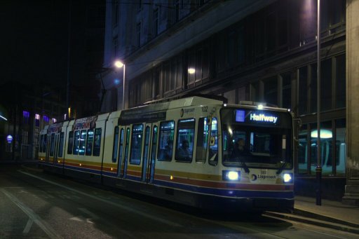 Sheffield Supertram tram 102 at City Hall stop