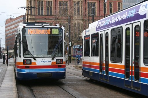 Sheffield Supertram tram 105 at Cathedral stop