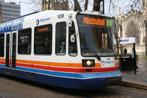 Sheffield Supertram tram 109 at Cathedral stop