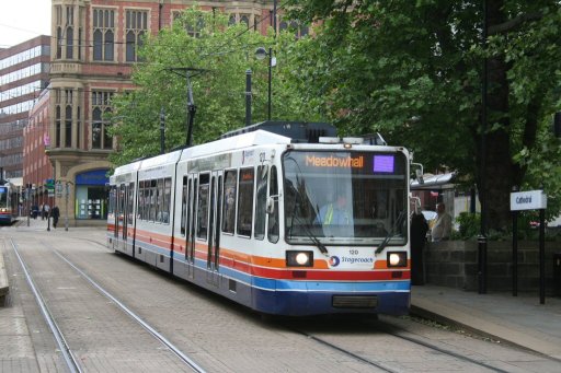 Sheffield Supertram tram 120 at Cathedral stop