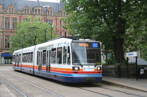 Sheffield Supertram tram 110 at Cathedral stop