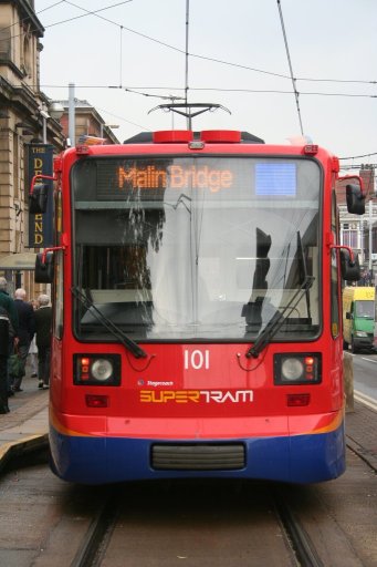 Sheffield Supertram tram 101 at Hillsborough stop