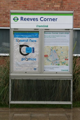 Croydon Tramlink sign at Reeves Corner stop