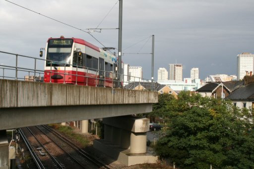 Croydon Tramlink tram wimbledon route at Wandle Park viaduct