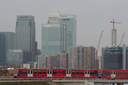 Docklands Light Railway unit London City Airport route at south of Canning Town junction