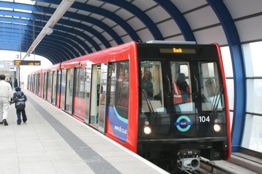 Docklands Light Railway unit 104 at London City Airport station