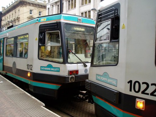 Metrolink tram double unit at Mosley Street stop