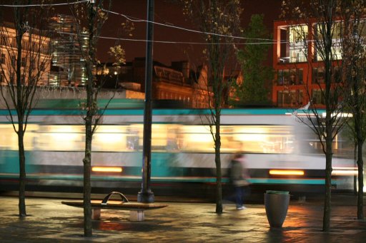 Metrolink tram night at Piccadilly Gardens