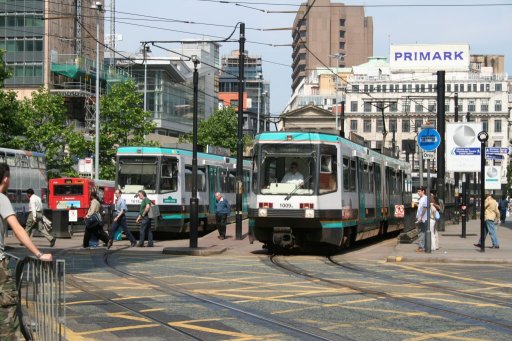 Metrolink tram 1009 at Piccadilly Gardens stop