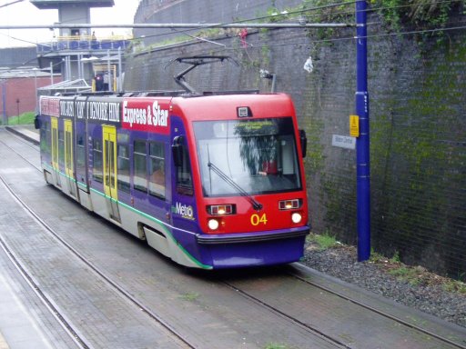 Midland Metro tram 04 at Bilston Central stop