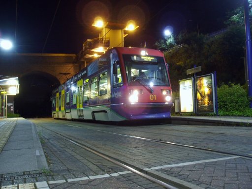Midland Metro tram 01 at Lodge Road, West Bromwich Town Hall stop