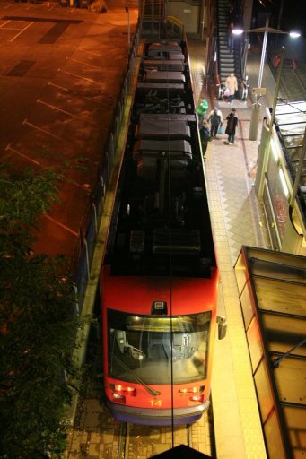 Midland Metro tram night at Birmingham, Snow Hill stop