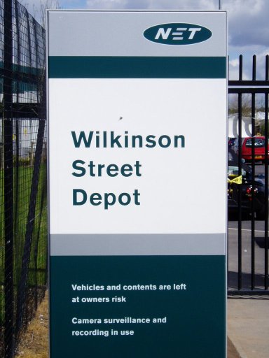 Nottingham Express Transit sign at Wilkinson Street depot