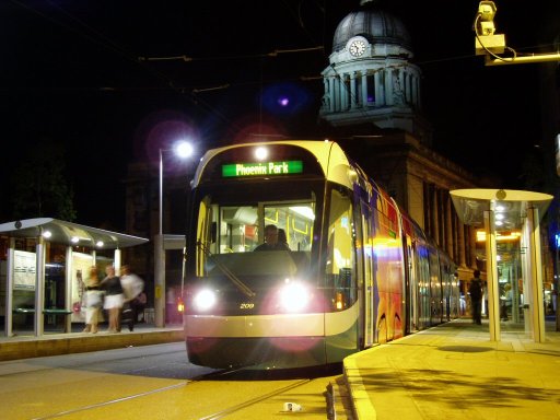 Nottingham Express Transit tram night at Old Market Square stop