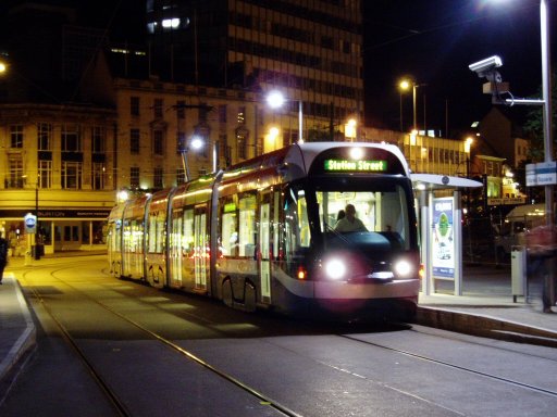 Nottingham Express Transit tram night at Old Market Square stop