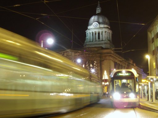 Nottingham Express Transit tram night at Old Market Square stop