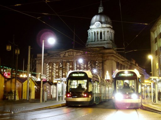 Nottingham Express Transit tram night at Old Market Square stop