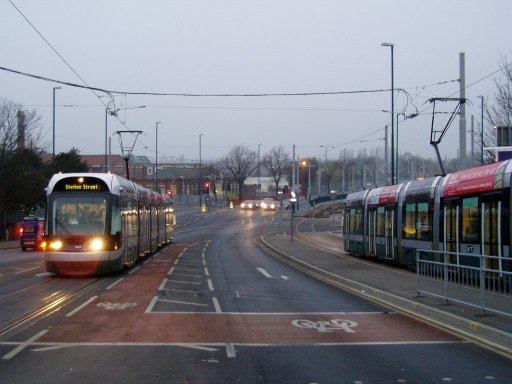 Nottingham Express Transit tram dawn at near Wilkinson Street