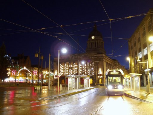Nottingham Express Transit tram dawn at Old Market Square stop