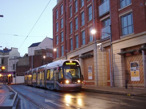 Nottingham Express Transit tram dawn at Lace Market stop