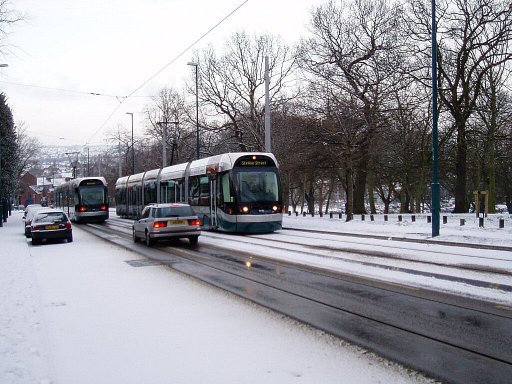Nottingham Express Transit tram snow at Mount Hooton Road