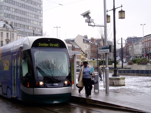 Nottingham Express Transit tram snow at Old Market Square stop