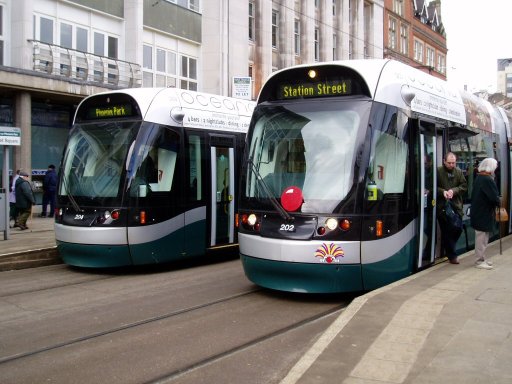 Nottingham Express Transit tram 202 at Old Market Square stop