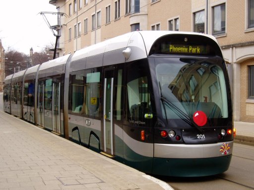 Nottingham Express Transit tram 201 at Nottingham Trent University stop