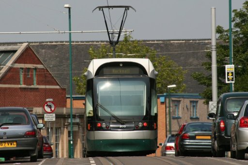Nottingham Express Transit tram 203 at between Beaconsfield Street and Shipstone Street